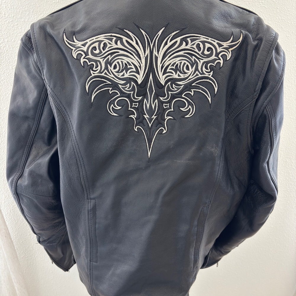 Black Leather Motorcycle Jacket with White Tribal Design